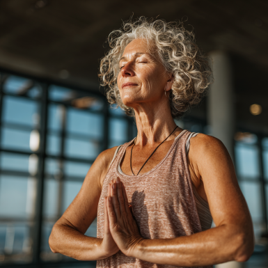 Літні люди займаються йогою в спокійній атмосфері